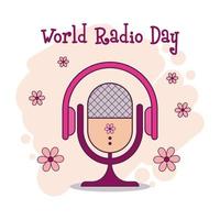 wereld radio dag groet kaart, muziek- dag poster, kleurrijk retro podcast achtergrond. microfoon, hoofdtelefoons en bloemen in roze, Purper en beige kleuren. audio uitrusting voor uitzendingen en Sollicitatiegesprekken vector