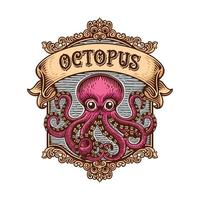 wijnoogst logo embleem een Octopus met haar lang tentakels Aan een water achtergrond en omringd door ornamenten vector