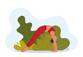 vrouw karakter aan het doen yoga opdrachten Aan vers lucht. buitenshuis yoga. welzijn, gezondheidszorg en levensstijl concept. vector illustratie.