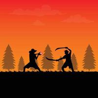 2 Ninja vechten Bij zonsondergang met magisch macht en wapens vlak illustratie, Ninja oorlog illustratie vector