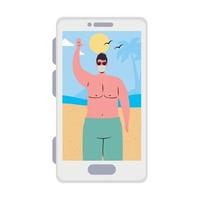 man met zwempak en masker op het strand in smartphone in videochat vectorontwerp vector