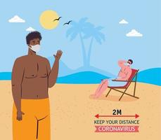 sociaal afstand nemen tussen jongens met medisch maskers Bij de strand vector ontwerp