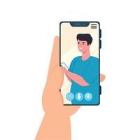 hand- Holding smartphone video telefoontje Aan de scherm met Mens, sociaal media concept vector