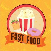 snel voedsel poster, popcorn met donut en burrito vector