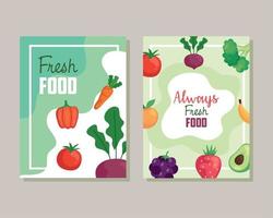banners met groenten, vers voedsel en altijd vers voedsel vector