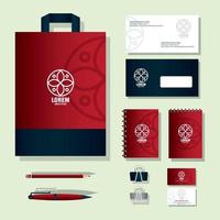 mockup schrijfbehoeften benodigdheden, kleur rood met teken wit, merk mockup zakelijke identiteit vector