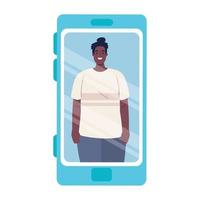 Mens afro in smartphone apparaat, sociaal media concept vector