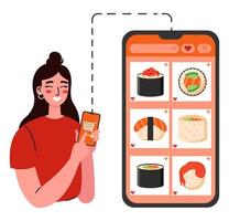 online Aziatisch voedsel bestellen. jong vrouw gebruik makend van app en kiezen sushi. vlak vector illustratie Aan een wit achtergrond.