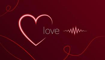 Valentijnsdag dag uitnodiging met gloeiend neon hart, tekst en golvend hartslag lijn, abstract liefde symbool, vakantie ansichtkaart, vector illustratie.
