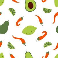 Mexicaans voedsel naadloos patroon van ingrediënten voor guacamole achtergrond. heet Chili peper, avocado en limoen achtergrond. vector