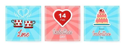 vector gelukkig valentijnsdag banners set. drie wijnoogst plein ansichtkaarten ontwerp voor 14 februari.