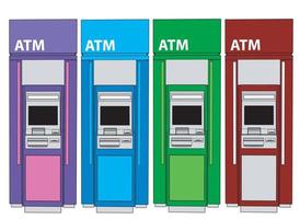 Geldautomaat machine met contant geld illustratie vector Aan wit achtergrond