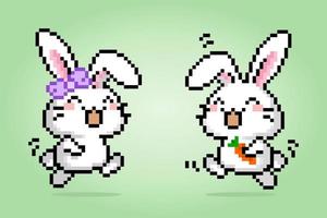 8 bit pixels gelukkige konijnenparen. dieren voor spelactiva en kruissteekpatronen in vectorillustraties. vector