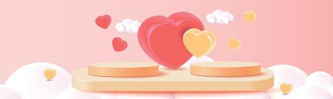 3d achtergrond van het podium rode product voor valentijnskaart. Roze en hart liefde romantiek conceptontwerp vector illustation decoratie banner