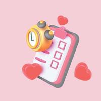 Valentijn tijd 14 met geel alarm klok en hart roze achtergrond klembord met checklist vector