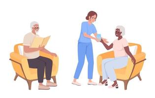 geriatrische verpleegster zorgzaam over senioren semi vlak kleur vector karakters. verzorger. bewerkbare figuren. vol lichaam mensen Aan wit. gemakkelijk tekenfilm stijl illustratie voor web grafisch ontwerp en animatie