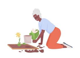 senior vrouw aanplant bloemen in voorkant werf semi vlak kleur vector karakter. bewerkbare figuur. vol lichaam persoon Aan wit. gemakkelijk tekenfilm stijl illustratie voor web grafisch ontwerp en animatie