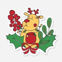 Kerstmis sticker met rendier, hulst berrie en rood boog, tekening voor viering decoratie ontwerp. nieuw jaar sticker met een hert en decoratief elementen in tekening tekenfilm stijl. vector