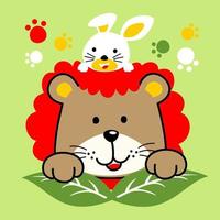 schattig leeuw met een konijn in Kiekeboe spel, vector tekenfilm illustratie