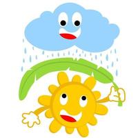 glimlachen zon nemen onderdak van regen gebruik makend van banaan blad, regenachtig seizoen met grappig wolk, vector tekenfilm illustratie