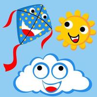 grappig vlieger met zon en wolk, vector tekenfilm illustratie