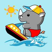 schattig neushoorn spelen Jet ski in de strand ,vector tekenfilm illustratie vector