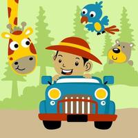 weinig jongen Aan auto met grappig dieren, vector tekenfilm illustratie