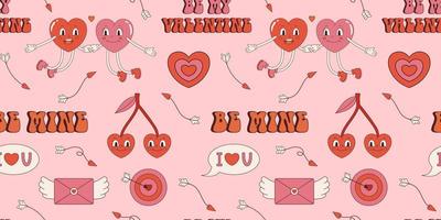 vector retro naadloos patroon voor valentijnsdag dag. liefde en romantiek. hart vormig karakters, liefde zinnen en pijlen Aan roze achtergrond. doelwit met hart in centrum en vliegend envelop met Vleugels.
