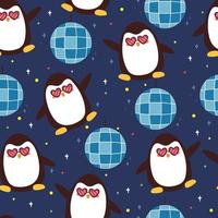 naadloos patroon tekenfilm schattig dansen pinguïn. schattig dier behang met disco bal voor geschenk inpakken papier vector