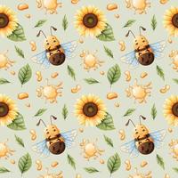 vector naadloos patroon met tekenfilm bijen, honing, zonnebloemen Aan een groen achtergrond. Super goed voor textiel, achtergronden, achtergronden