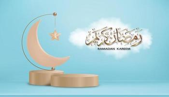 Ramadan kareem schoonschrift Arabisch Aan wolk met 3d podium, halve maan maan en ster Aan Aan blauw achtergrond, vector banier voor isamisch, moslim religie maand symbolisch voor eid al fitr, eid al adha,eid mubarak