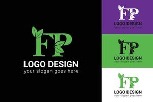 ecologie fp brieven logo met groen blad. fp brieven eco logo met blad. vector lettertype voor natuur affiches, eco vriendelijk embleem, veganistisch identiteit, kruiden en botanisch kaarten enz.