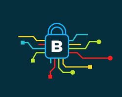 brief b cyber veiligheid logo. cyber bescherming, technologie, biotechnologie en hoog tech vector