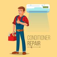 professioneel lucht conditioner reparatie vector. Mens elektricien installeren lucht conditioner. vlak tekenfilm illustratie vector