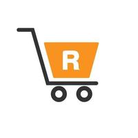 brief r trolley boodschappen doen kar. eerste online en boodschappen doen logo concept sjabloon vector