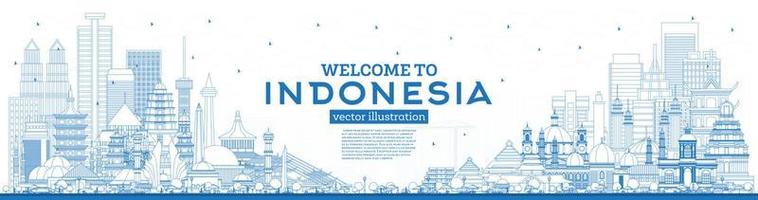 schets Welkom naar Indonesië horizon met blauw gebouwen. vector