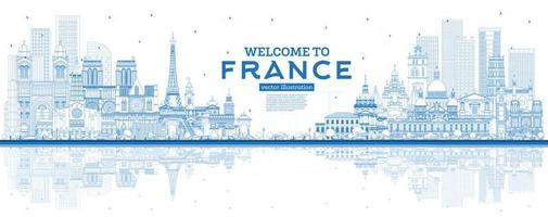 schets Welkom naar Frankrijk horizon met blauw gebouwen en reflecties. vector