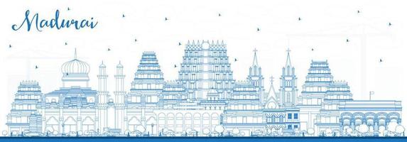 schets madurai Indië stad horizon met blauw gebouwen. vector