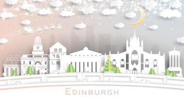 Edinburgh Schotland stad horizon in papier besnoeiing stijl met sneeuwvlokken, maan en neon guirlande. vector