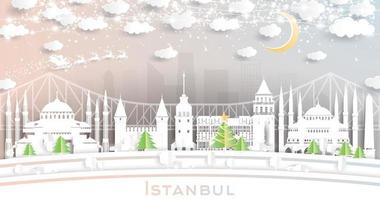 Istanbul kalkoen stad horizon in papier besnoeiing stijl met sneeuwvlokken, maan en neon guirlande. vector