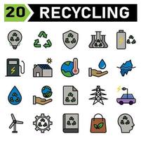 ecologie en recycle icoon reeks omvatten recyclen, afval, materiaal, schild, beschermen, chemie, wetenschap, accu, opladen, station, elektrisch, oplader, huis, zonne, paneel, huis, thermometer, opwarming vector