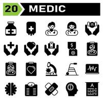 medisch icoon reeks omvatten fles, pillen, recept, drugs, medisch, transfusie, tas, bloed, bijdrage, dokter, mannelijk, ziekenhuis, geneesmiddel, gezondheidszorg, vrouw, hand, masker, Gezondheid, liefde, hart, gebouw vector