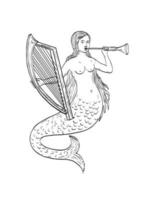 meermin Leuk vinden sirene spelen harp en toeter fluit middeleeuws stijl lijn kunst tekening vector