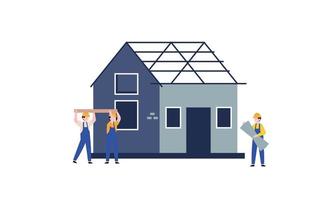 huizen bouw werkwijze. team van Bouwers bouwen hout huis illustratie vector