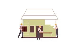 huizen bouw werkwijze. team van Bouwers bouwen hout huis illustratie vector