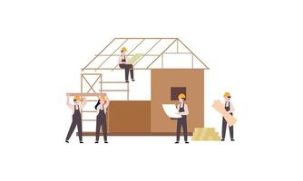 huizen bouw werkwijze. team van Bouwers bouwen hout huis illustratie vector