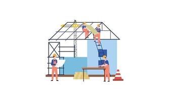 huizen bouw werkwijze. team van Bouwers bouwen hout huis illustratie vector