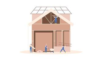 huizen bouw werkwijze. team van Bouwers bouwen hout huis illustratie vector