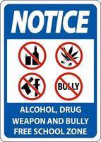 school- veiligheid teken merk op, alcohol, medicijn, wapen en pesten vrij school- zone vector