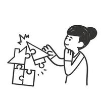 hand- getrokken tekening persoon proberen naar zetten samen een decoupeerzaag huis puzzel illustratie vector